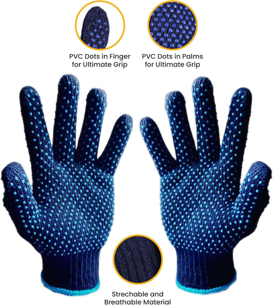 Blue Dotted Hand Gloves –6 PAIRS , Cotton Grip Gloves for Industrial, Construction & General Use