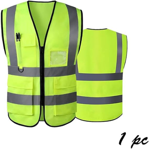 Reflective Safety Vest – High Visibility Breathable Warning Jacket with Zipper & 5 Pockets for Construction, Traffic & Cycling Safety