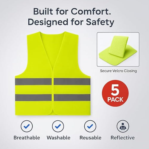 5-Pack Reflective Safety Vests – High Visibility Lightweight Mesh Jackets for Men & Women with 360° Reflective Strips, Ideal for Construction, Roadside & Cycling