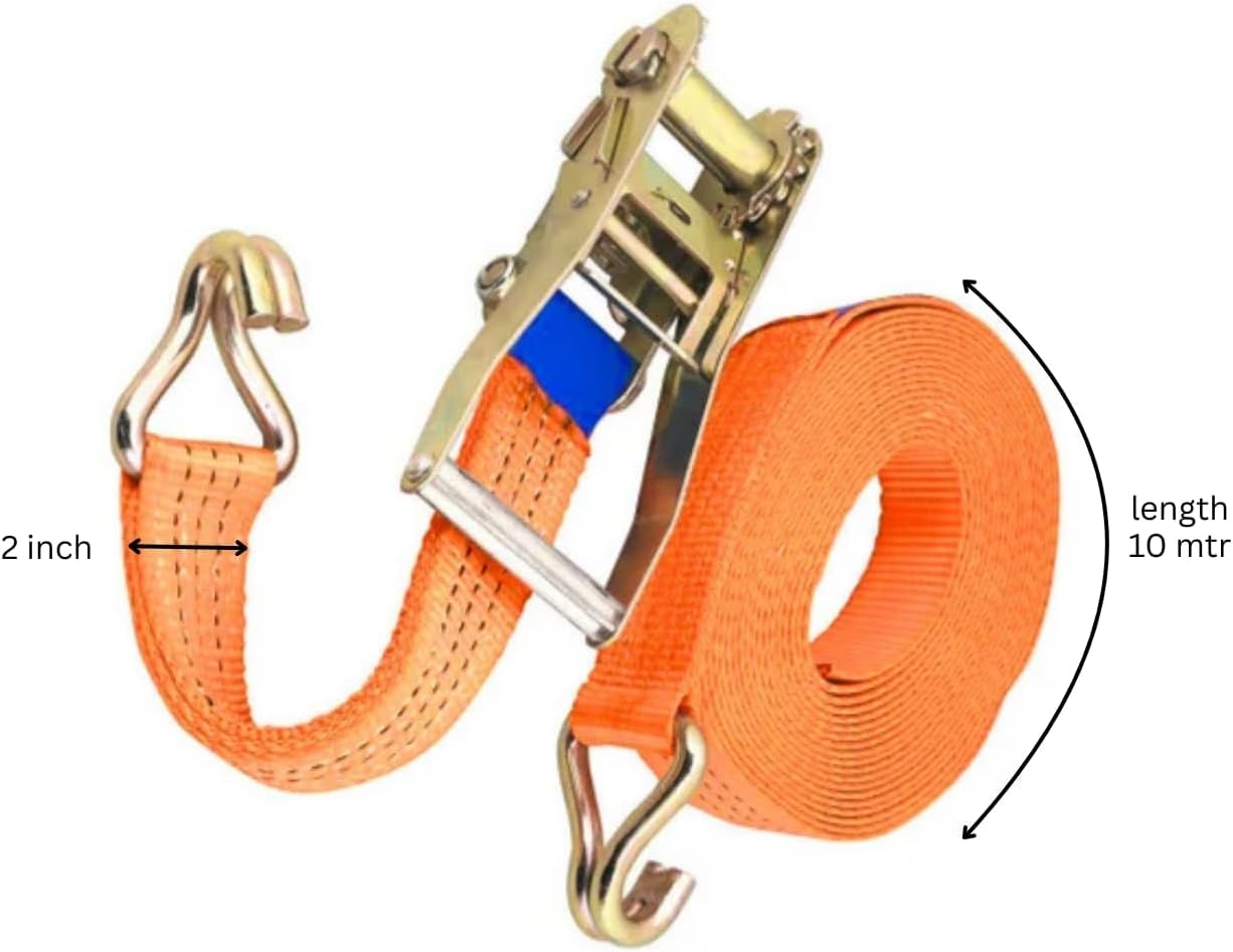 Cargo Lashing Belt 2-Inch x 10M – Heavy-Duty Polyester Tie Down Strap with J Hooks, 2000da Force for Trailers, Cars & Motorcycles