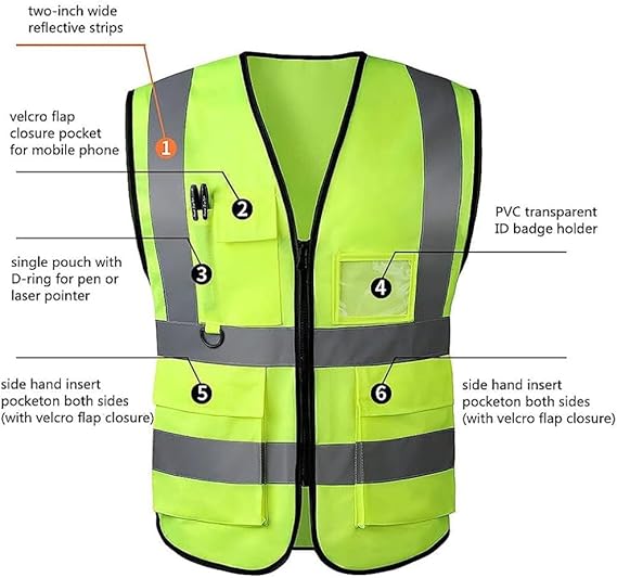 Reflective Safety Vest – High Visibility Breathable Warning Jacket with Zipper & 5 Pockets for Construction, Traffic & Cycling Safety