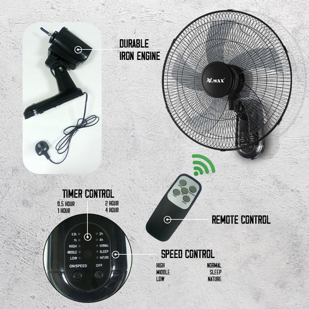 18-Inch Smart Wall Fan with Remote | 6-Speed Silent 60W Copper Motor for Home & Office – Black