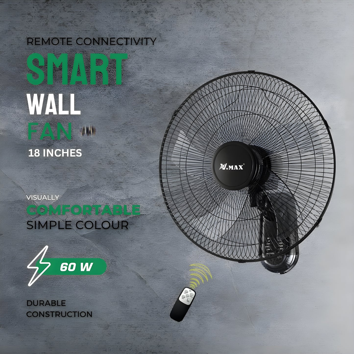 18-Inch Smart Wall Fan with Remote | 6-Speed Silent 60W Copper Motor for Home & Office – Black